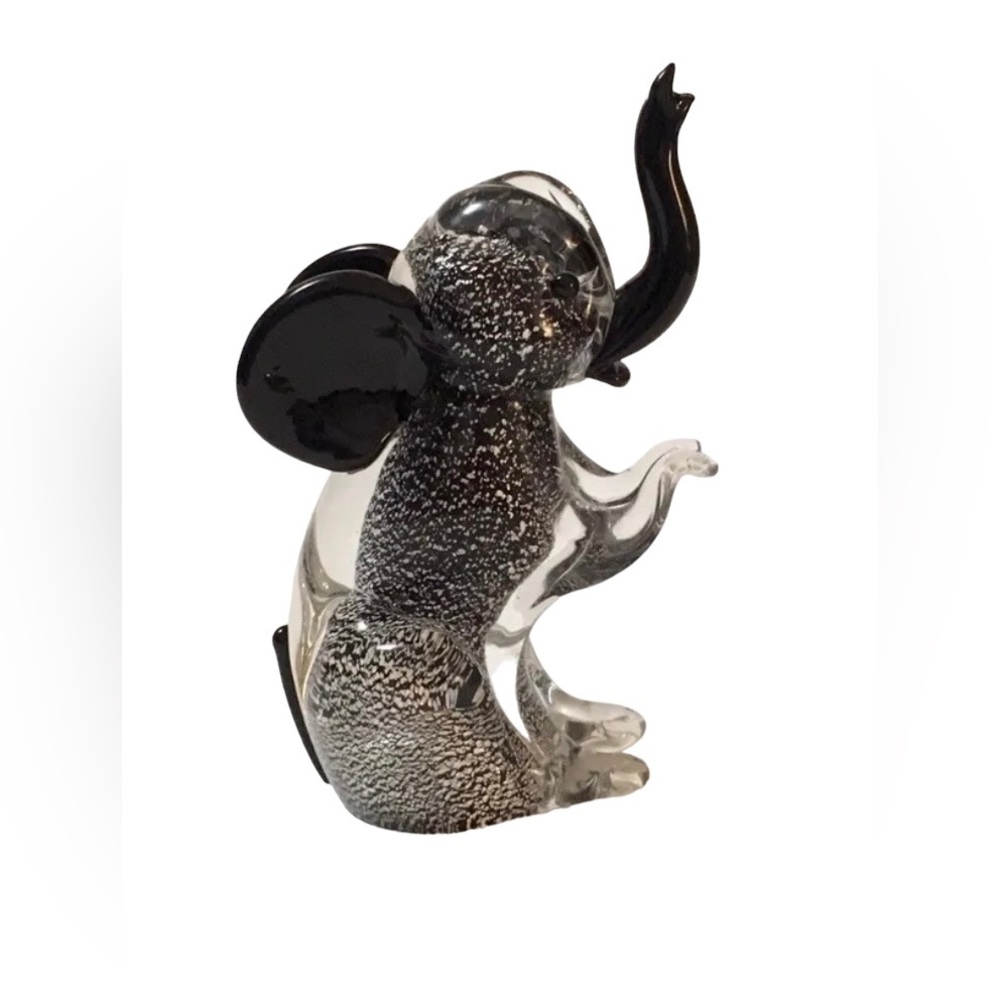 Formia Vetri Di Murano Glass Black, Silver Elephant Figurine Art Made In Italy